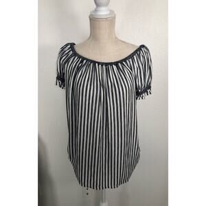 Max Studio Navy and White Off the Shoulder Ruffle Short Sleeve Top - S